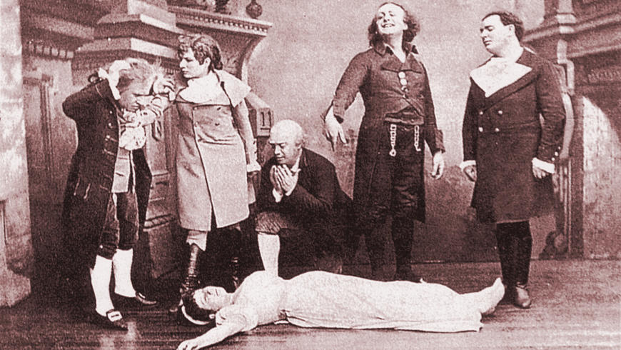 Uraufführung von Offenbach's Oper "Les contes d'Hoffmann" in Paris 1881. Szene: Ende des 3. Akts "La mort d'Antonia"