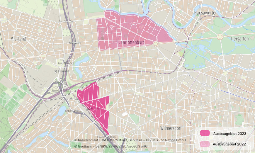 Glasfaser-Ausbaugebiete der Telekom in Charlottenburg und Halensee